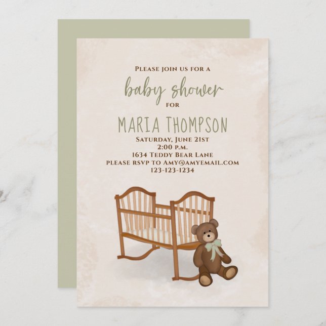 Convites Chá de fraldas Watercolor Gênero Ursinho Rústico N (Frente/Verso)