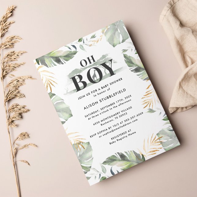 Convites Chá de fraldas Watercolor Palm Giraffe Safari (Oh Boy Safari Watercolor Baby Shower Invitation)
