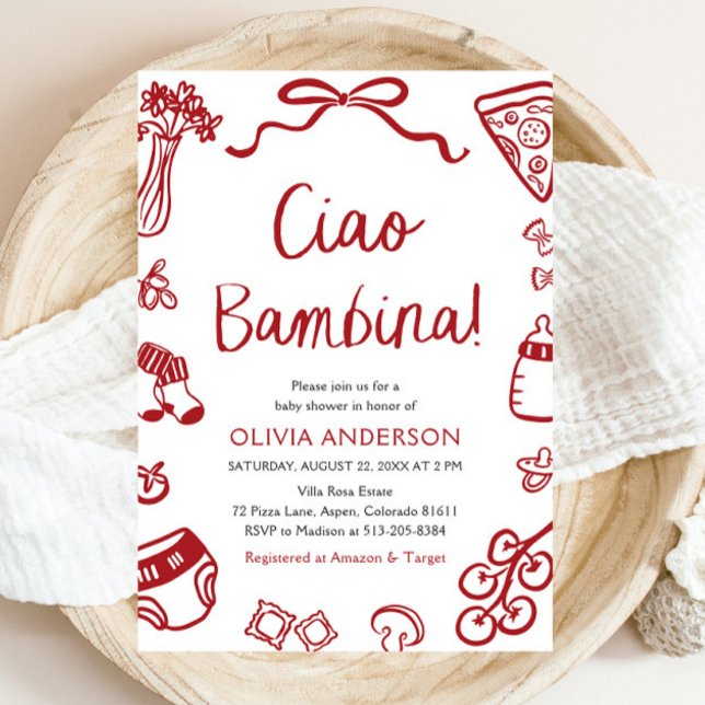 Convites Chá de fraldas Whimesical de Garota Ciao Bambina I (Watercolor Ciao Bambina Whimsical Italian Pizza Baby Shower Invitation)