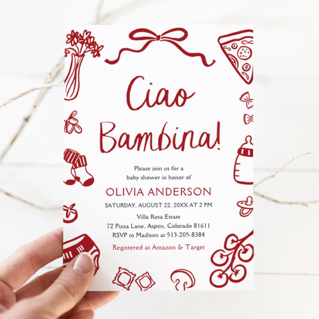 Convites Chá de fraldas Whimesical de Garota Ciao Bambina I (Watercolor Ciao Bambina Whimsical Italian Pizza Baby Shower Invitation)