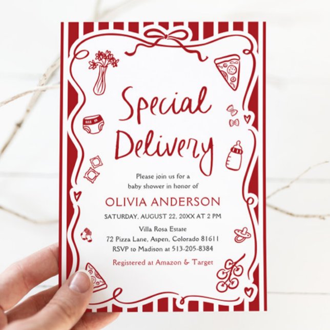 Convites Chá de fraldas Whimsical de Entrega Especial Itali (Watercolor Italian Special Delivery Whimsical Baby Shower Invitation)