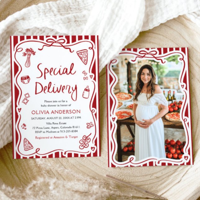 Convites Chá de fraldas Whimsical de Entrega Especial Itali (Watercolor Italian Special Delivery Whimsical Baby Shower Invitation)