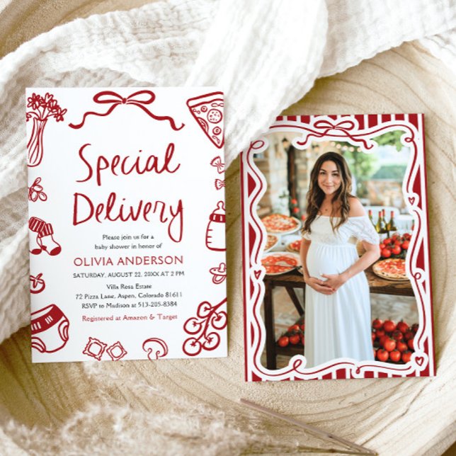 Convites Chá de fraldas Whimsical de Entrega Especial Itali (Watercolor Italian Special Delivery Whimsical Baby Shower Invitation)