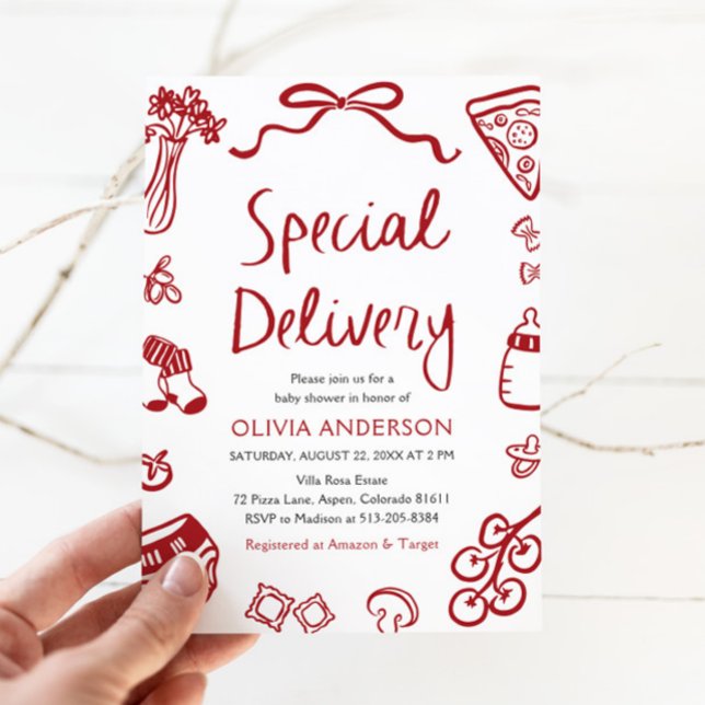 Convites Chá de fraldas Whimsical de Entrega Especial Itali (Watercolor Italian Special Delivery Whimsical Baby Shower Invitation)