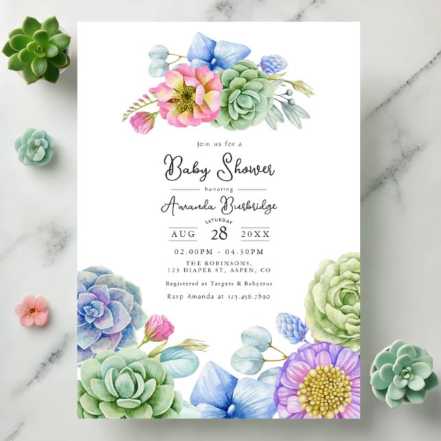 Convites Chá de fraldas Whimsical Floral and Succult (Whimsical Floral and Succulent Baby Shower Invitation)