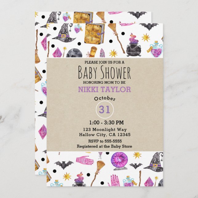 Convites Chá de fraldas Whimsical Magro de Halloween Waterc (Frente/Verso)