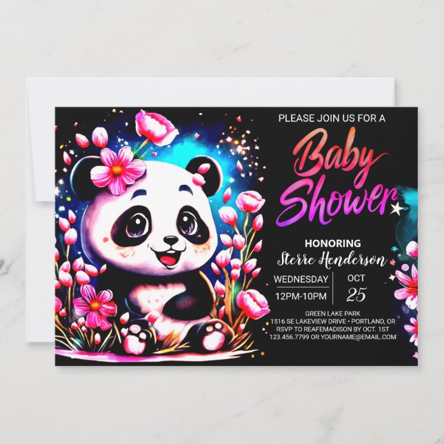 Convites Chá de fraldas Whimsical Panda Enchantation Girl (Frente)