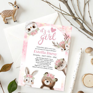 Convites Chá de fraldas Whimsical Pink Flor Woodland Girl