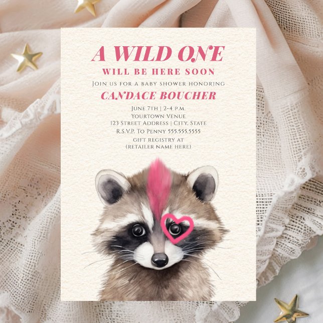 Convites Chá de fraldas Wild One Pink Mohawk Raccoon (Criador carregado)