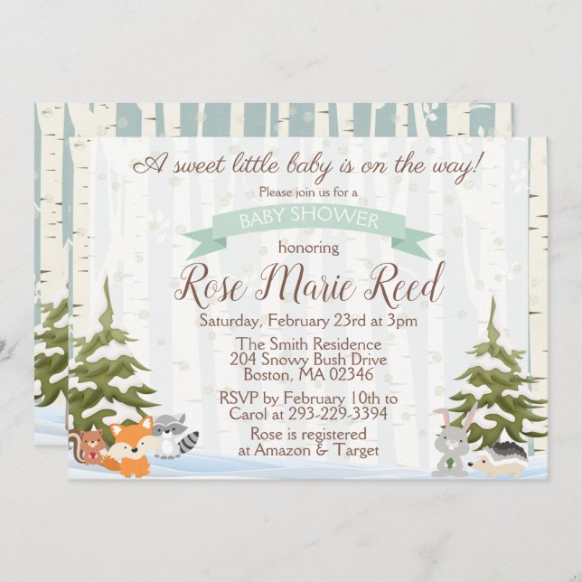 Convites Chá de fraldas Wonderland de Animais da Floresta d (Frente/Verso)