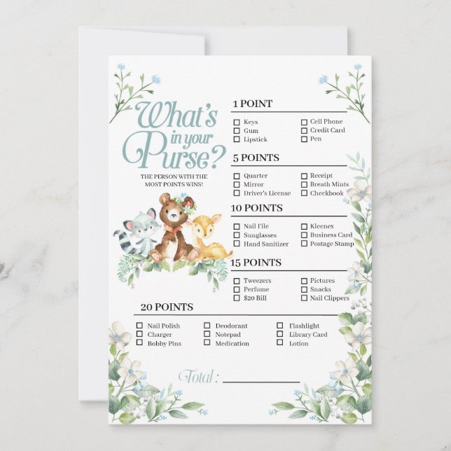 Convites Chá de fraldas Woodland O que há no seu jogo de bo (Frente)