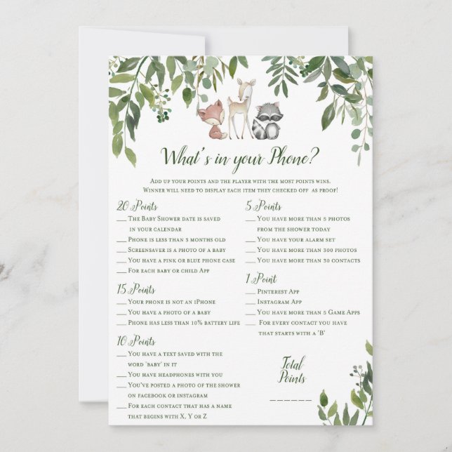 Convites Chá de fraldas Woodland - O que há no seu jogo tel (Frente)