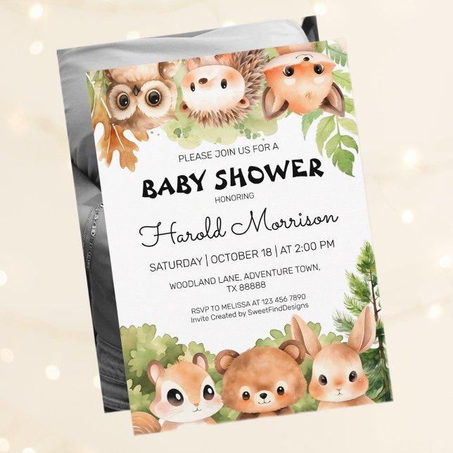 Convites Chá de fraldas Woodland Photo Boy (Woodland Photo Boy Baby Shower Invitation)