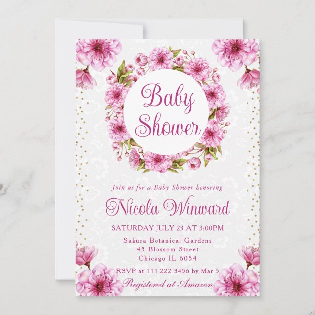 Convites Chá de fraldas Wreath de Cherry Blossoms (Frente)