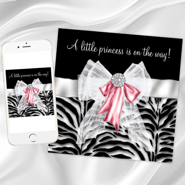 Convites Chá de fraldas Zebra Rosa (Girl zebra baby shower invitation with pretty pink bow. Add your own text to the front and back. )