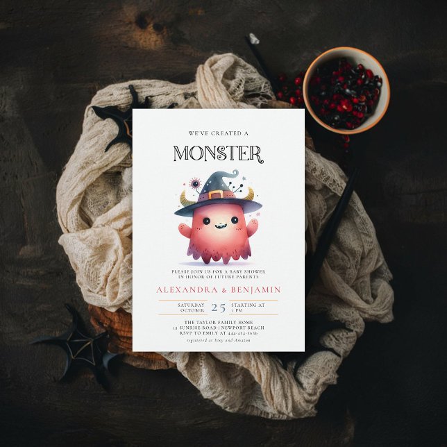 Convites Chá de Garota Cozida de outubro do Monster Hallowe (fall halloween baby shower invitation cute monster watercolor character coed couple october)