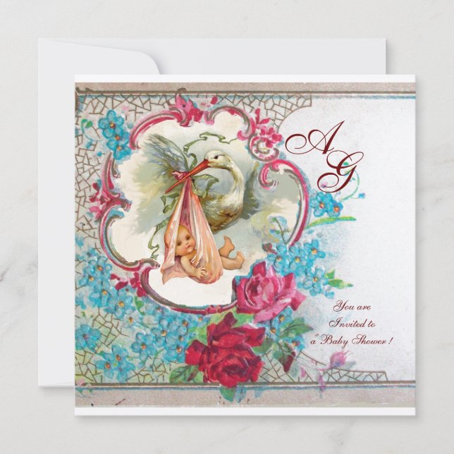 CONVITES CHÁ DE GAROTA DE BEBÊ COM MONOGRAMA DE ROSES DE PI (Frente)