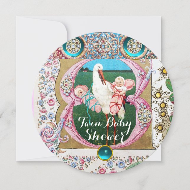 CONVITES CHÁ DE GAROTA DE BEBÊ GÊMEA, GEMSTONAS FLORAIS (Frente)