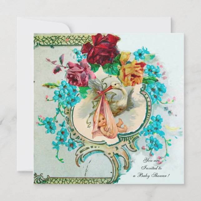 CONVITES CHÁ DE GAROTA DE BEBÊ, ROSAS DE ROSA E FLORES AZUI (Frente)