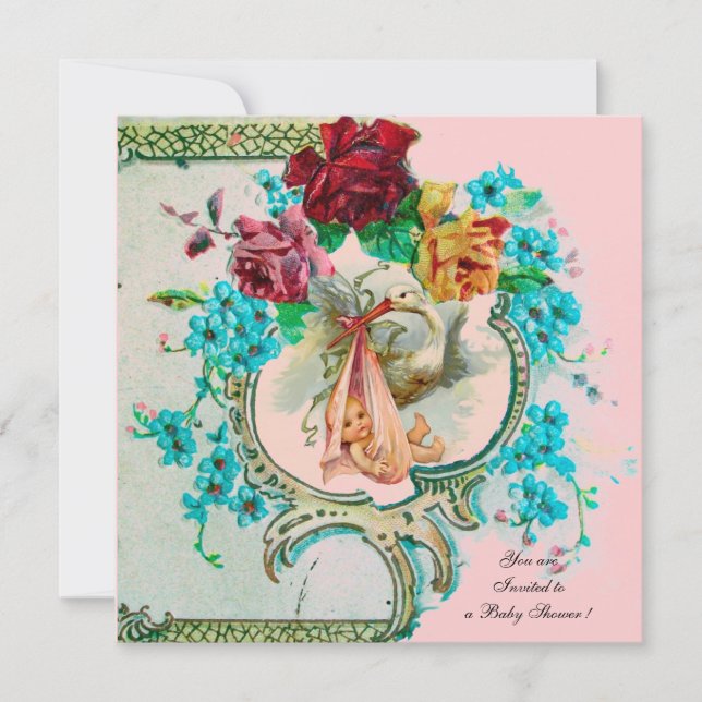 CONVITES CHÁ DE GAROTA DE BEBÊ/ROSAS DE ROSA E FLUXO AZUL (Frente)