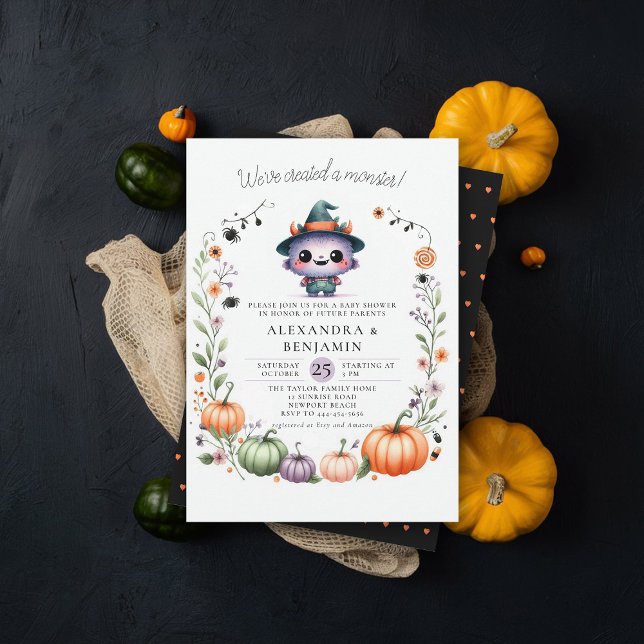 Convites Chá de Garota de Fora do Halloween (halloween baby shower invitation cute monster watercolor character coed couple october fall floral)
