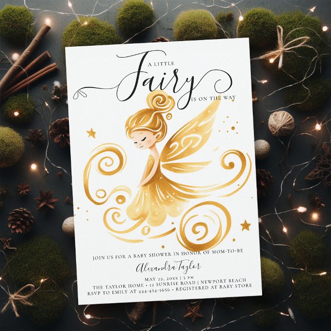 Convites Chá de Garota Dourada e Fada Encantada (a little fairy girl baby shower invitation enchanted forest garden gold swirls modern minimalist)