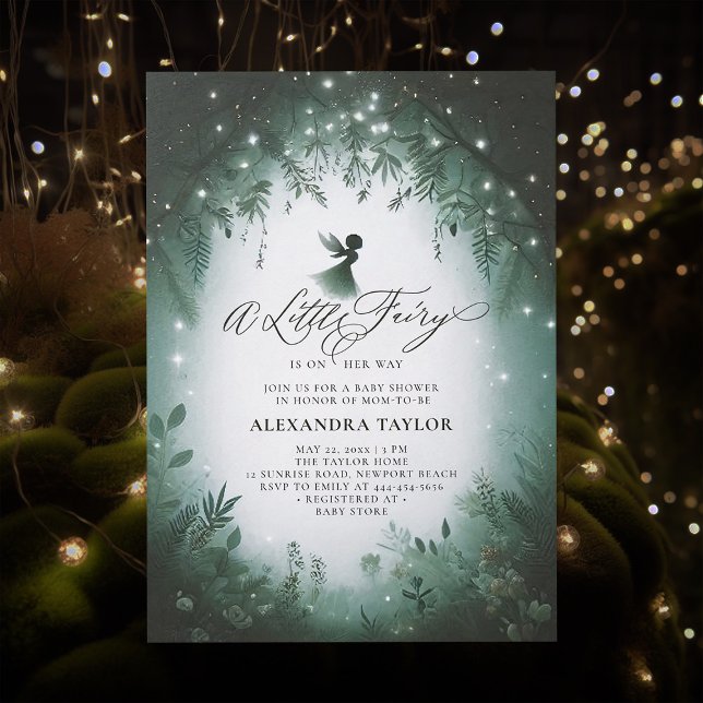 Convites Chá de Garota Emerald Baby (little fairy baby shower invitation enchanted forest magical faerie elegant modern emerald frame)