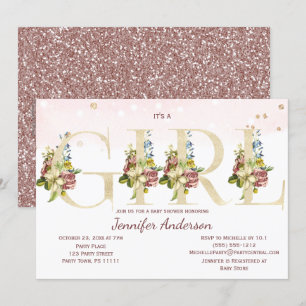 Convites Chá de Garota Glitter Dourada Rosa de Aquarela