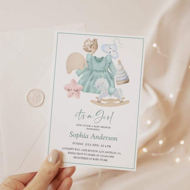 Convites Chá de Garota Pastel com Vestido Azul Suave (Criador carregado)