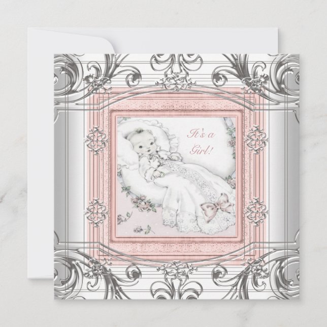 Convites Chá de Garota Rosa e Prateada (Frente)