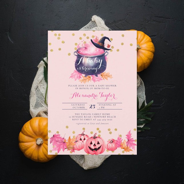 Convites Chá de Garota Rosa-Rosa-Cinzenta-de-bruxa-Hallowee (halloween baby shower witch cauldron pumpkin invitation october novermber fall leaves pink purple)