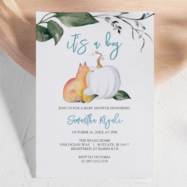 Convites Chá de Garoto da Madeira (Autumn-themed baby shower invites woodland fox and white pumpkin boy Design by Victoria Grigaliunas)