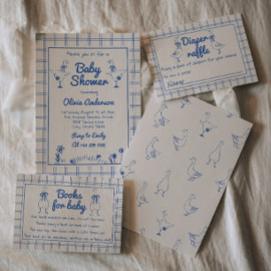 Convites Chá de Gingham Baby Boy desenhado Blue Gingham Mão