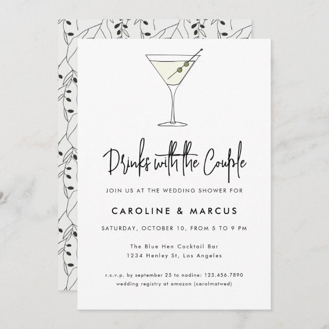 Convites Chá de Ilustração de Cocktail Martini (Frente/Verso)