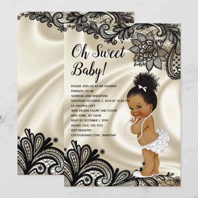 Convites Chá de Ivory White e Black-Lace Baby Girl (Frente/Verso)