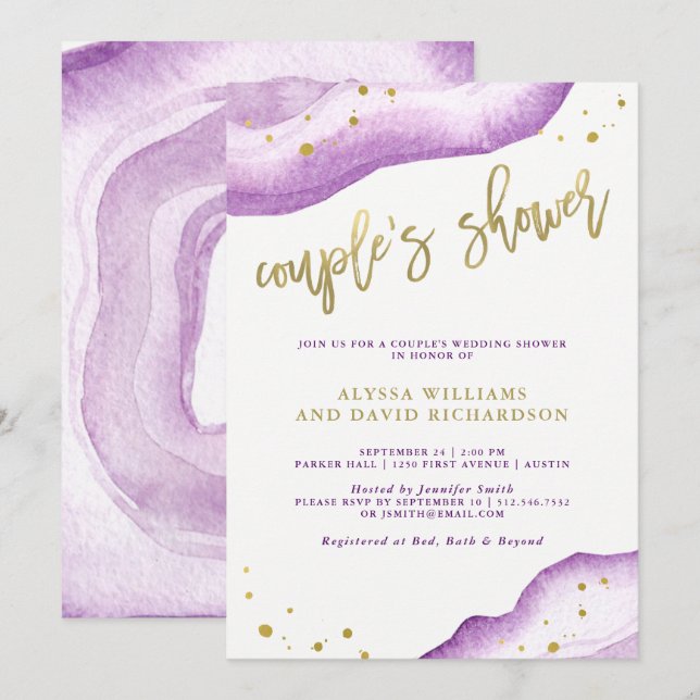 Convites Chá de Lavanda de aquarela e Casais de geodos Dour (Frente/Verso)