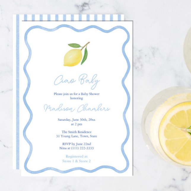Convites Chá de Limão de Limão Azul de Aranão Moderno (Ciao baby! Boho citrus baby boy shower invitations with wavy border and pale blue and white stripes)