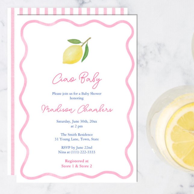 Convites Chá de limão-limão-de-rabo-rosa (Ciao Baby Girl Shower invite with trendy pink wavy border, citrus lemon and pink white stripe backer)