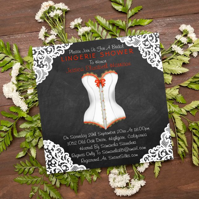 Convites Chá de Lingerie do quadro branco do corset vermelh (Criador carregado)