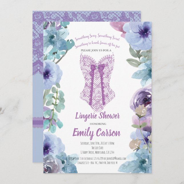 Convites Chá de lingerie roxa. Festa de noiva legista (Frente/Verso)