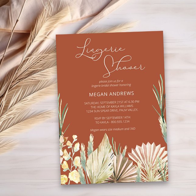 Convites Chá de Lingerie Terracotta, Seca, com Palm (Lingerie Bridal Shower Invitation in burnt orange with boho dried foliage and flowers)