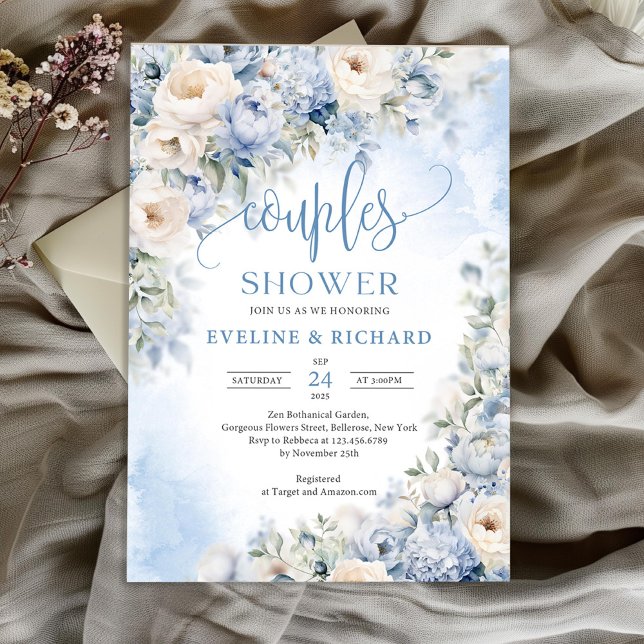 Convites Chá de marfim azul e casal de marfim de inverno el (Boho blue winter flowers greenery eucalyptus couples shower invitation)