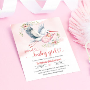 Convites Chá de Menina com Ilustração de Stork - Elegante