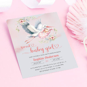Convites Chá de Menina com Ilustração de Stork - Elegante