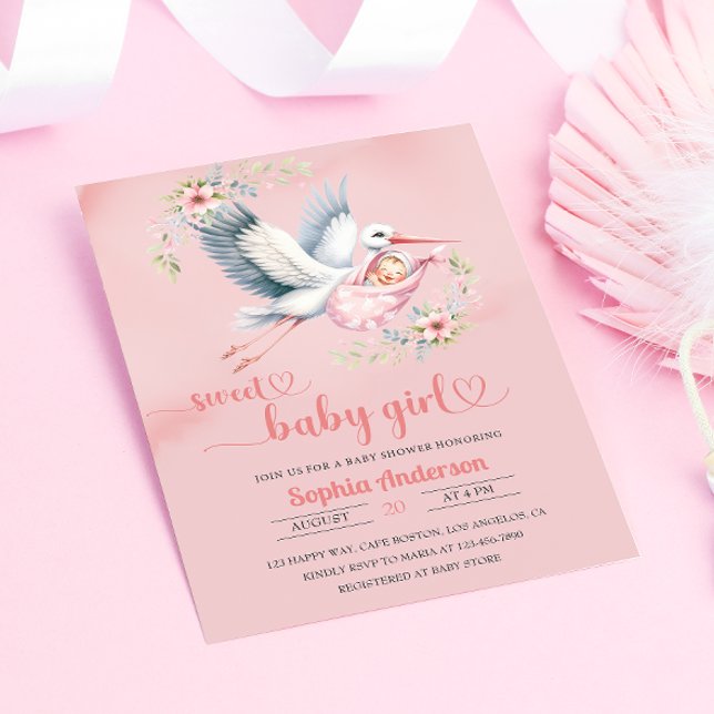 Convites Chá de Menina com Ilustração de Stork - Elegante (Criador carregado)
