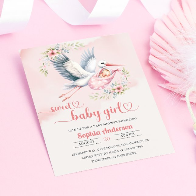 Convites Chá de Menina com Ilustração de Stork - Elegante (Criador carregado)