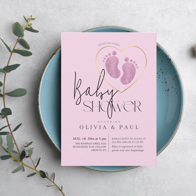 Convites Chá de Menina com Pés Rosa Escovado (Criador carregado)