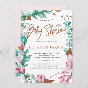 Convites Chá de menina de cobre - magnólias cor-de-rosa-águ