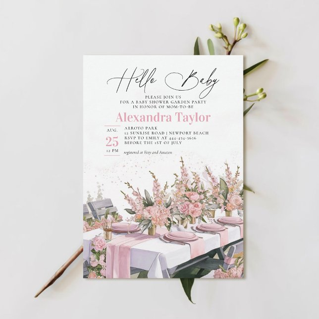 Convites Chá de Menina Elegante Elegante de Jardim de Verão (garden party baby shower invitation summer watercolor painted pink girl modern elegant classy chic)