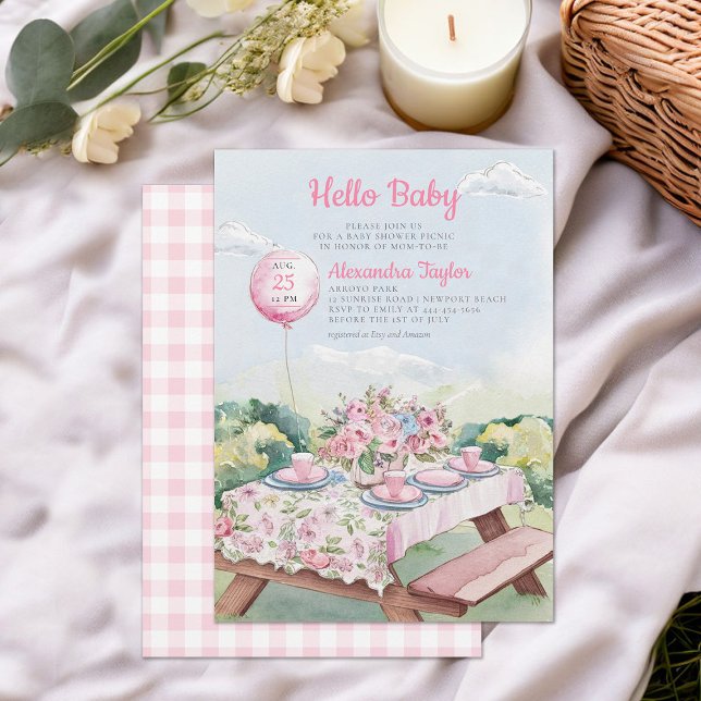 Convites Chá de Menina Elegante Elegante de Picnic Picnic (picnic baby shower invitation park summer watercolor balloon cute fun casual classy modern)